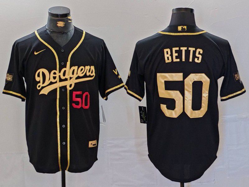 Men Los Angeles Dodgers 50 Betts Black gold Fashion Nike Game MLB Jersey style 7061